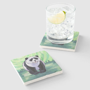 Cute Panda Bear on Green Stone Coaster