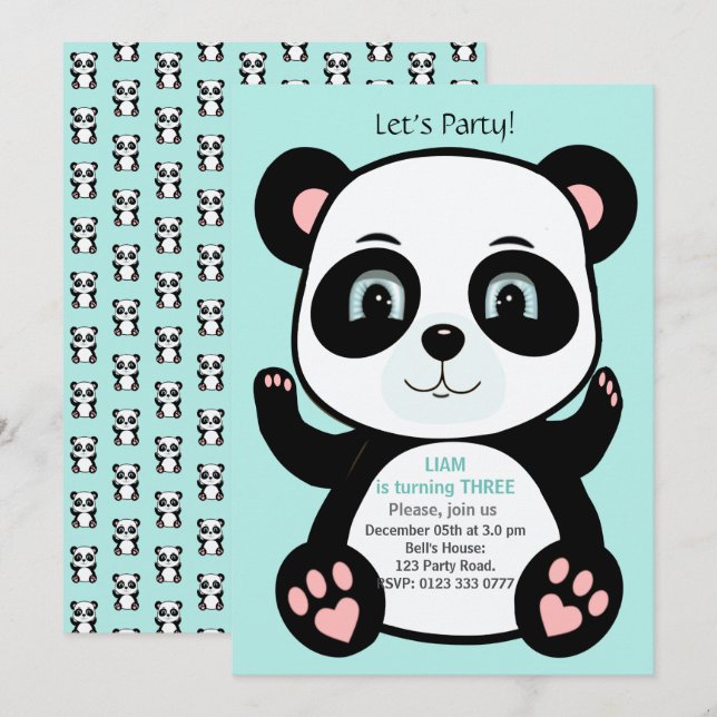 Cute Panda Bear on Light Teal Blue Birthday Invitation (Front/Back)