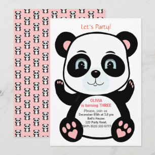 Cute Panda Bear on Pink & White Birthday Invitation