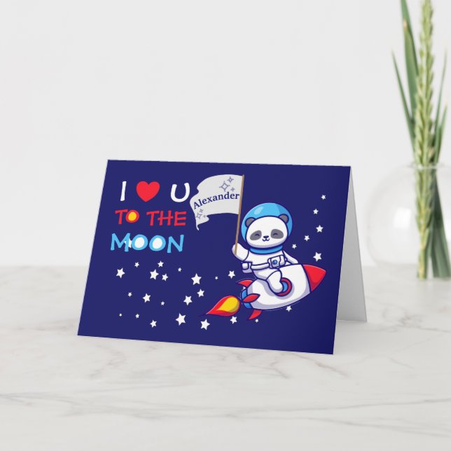 Cute Panda Bear On Rocket Ship Kids Personalised Card (Front)