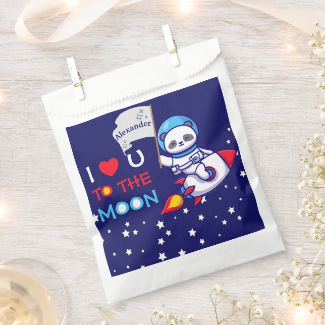 Cute Panda Bear On Rocket Ship Kids Personalised Favour Bags (Clipped)