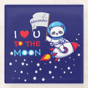 Cute Panda Bear On Rocket Ship Kids Personalised Glass Coaster