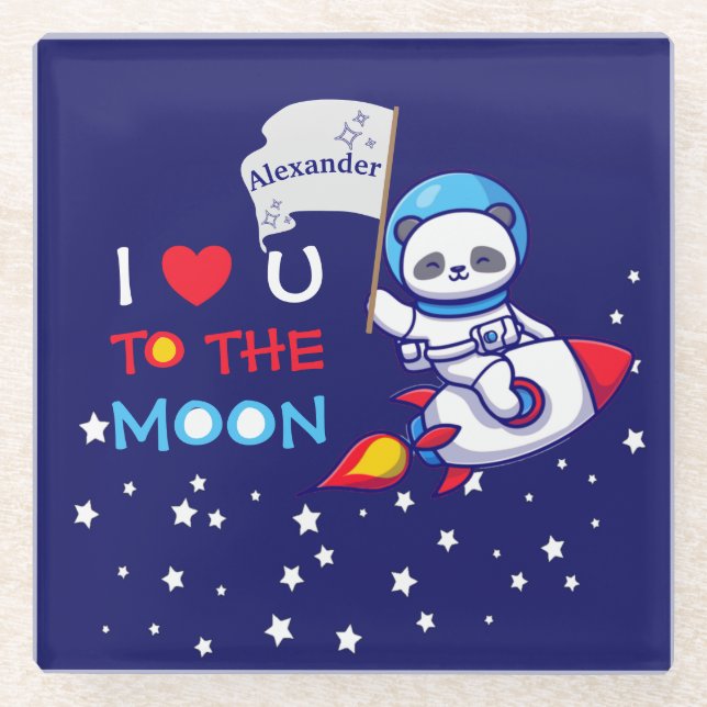 Cute Panda Bear On Rocket Ship Kids Personalised Glass Coaster (Front)