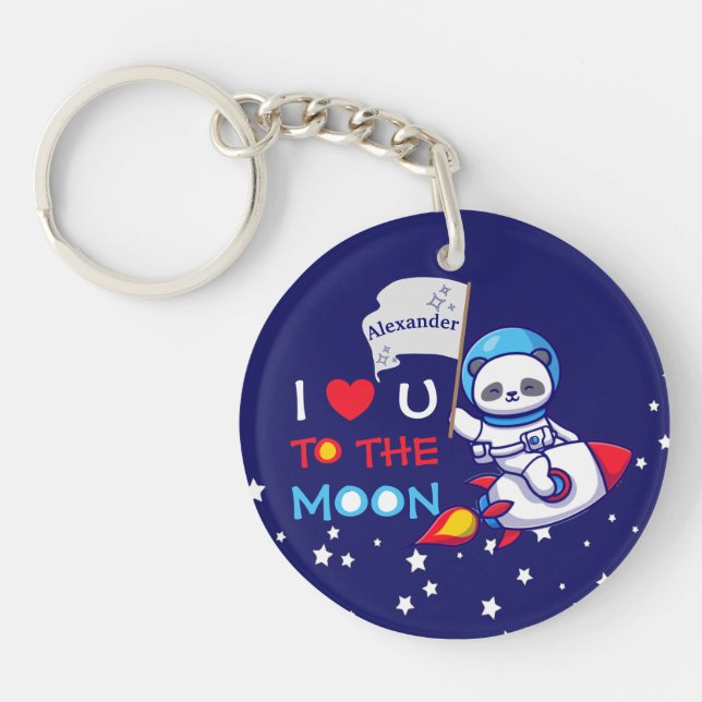Cute Panda Bear On Rocket Ship Kids Personalised Key Ring (Front)