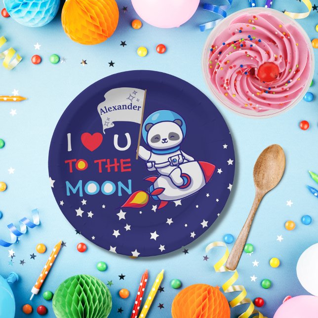 Cute Panda Bear On Rocket Ship Kids Personalized Paper Plate (Creator Uploaded)