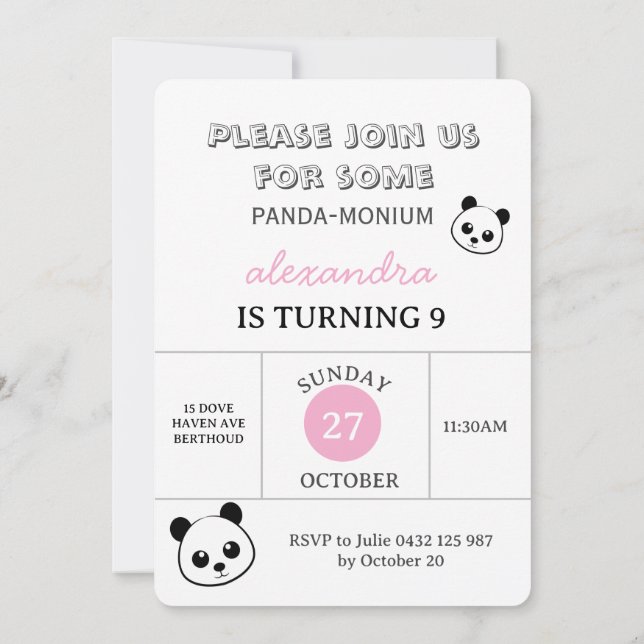 Cute Panda Bear Party Invitation – Personalized  (Back)