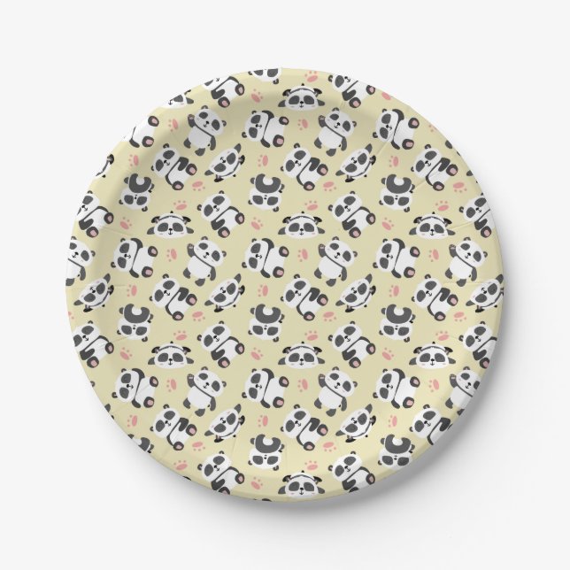 Cute panda bear paw cream background paper plate (Front)