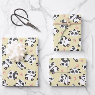 Cute panda bear paw cream background wrapping paper sheet