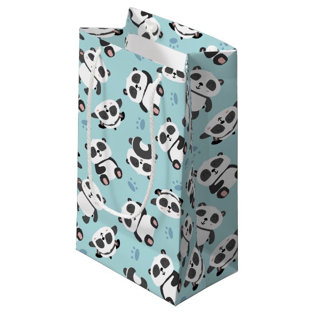 Cute panda bear paw cyan background small gift bag (Front Angled)