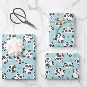 Cute panda bear paw cyan background wrapping paper sheet