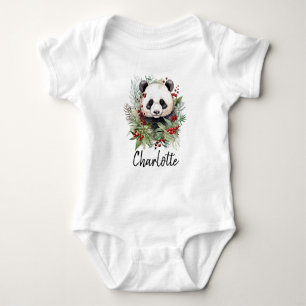 Cute Panda Bear Rustic Christmas botanicals Baby Bodysuit