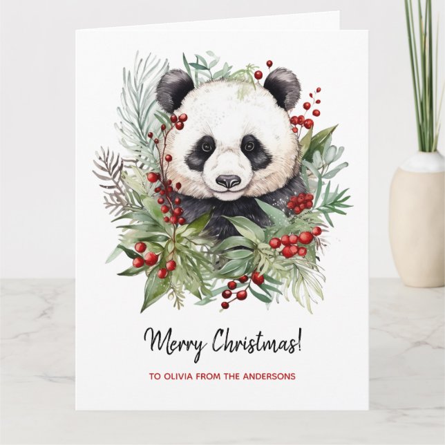 Cute Panda Bear Rustic Christmas botanicals Card (Front)