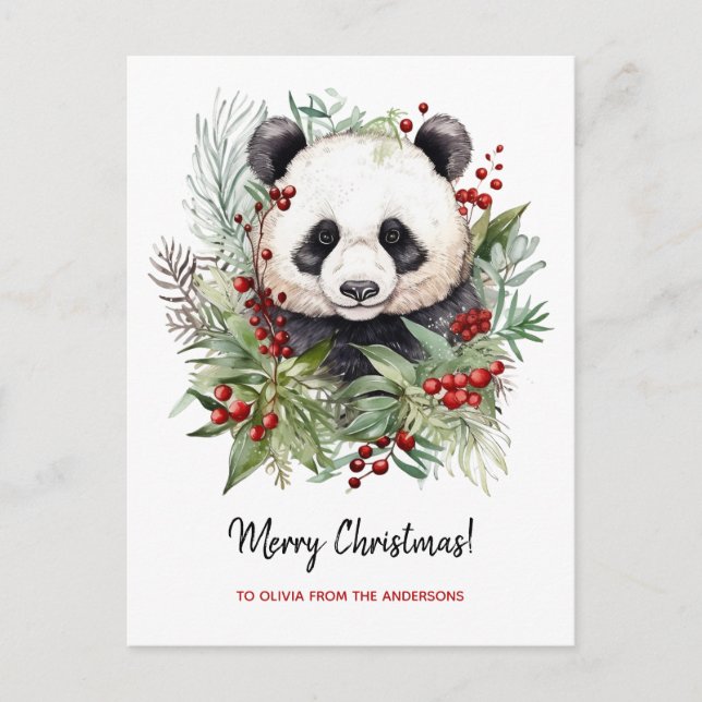 Cute Panda Bear Rustic Christmas botanicals Holiday Postcard (Front)