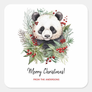 Cute Panda Bear Rustic Christmas botanicals Square Sticker