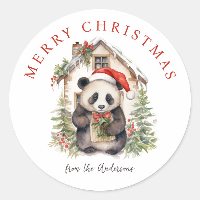Cute Panda Bear Rustic Christmas house Classic Round Sticker (Front)