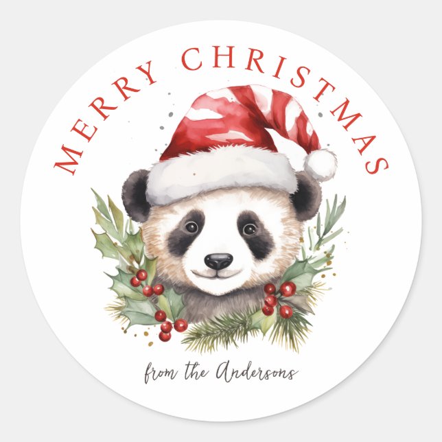 Cute Panda Bear Santa hat  Classic Round Sticker (Front)