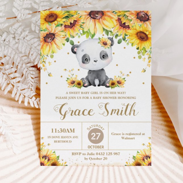 Cute Panda Bear Sunflower Floral Baby Shower Girl Invitation (Creator Uploaded)
