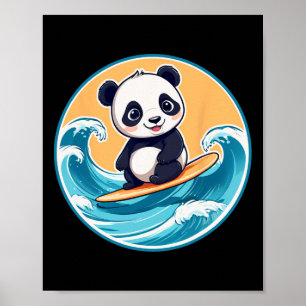 Cute Panda Bear Surfing A Wave Kids And Adults Poster