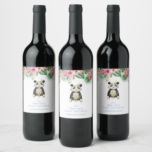 Cute Panda Bear Tropical Flowers Frame Baby Shower Wine Label (Bottles)
