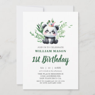 Cute Panda Bear Watercolor Greenery 1st Birthday Invitation