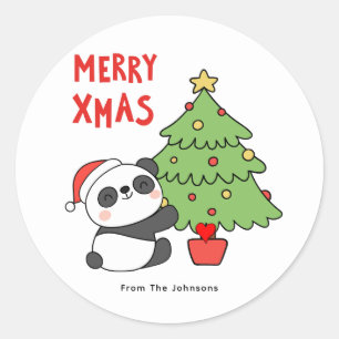 Cute Panda Bear With Christmas Tree  Classic Round Sticker