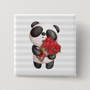 Cute Panda Bear with Rose Bouquet 15 Cm Square Badge