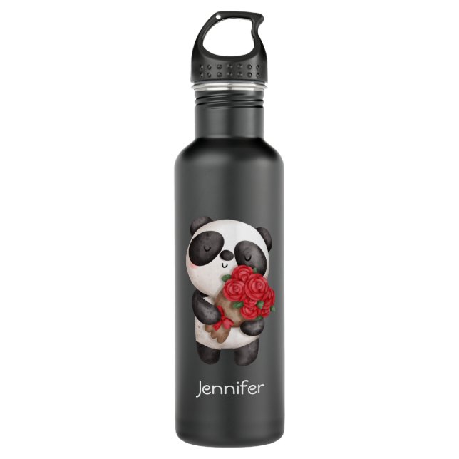 Cute Panda Bear with Rose Bouquet 710 Ml Water Bottle (Front)