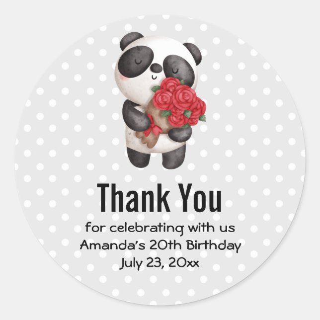 Cute Panda Bear with Rose Bouquet Birthday Classic Round Sticker (Front)