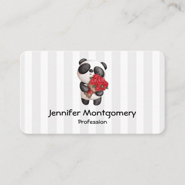 Cute Panda Bear with Rose Bouquet Business Card (Front)