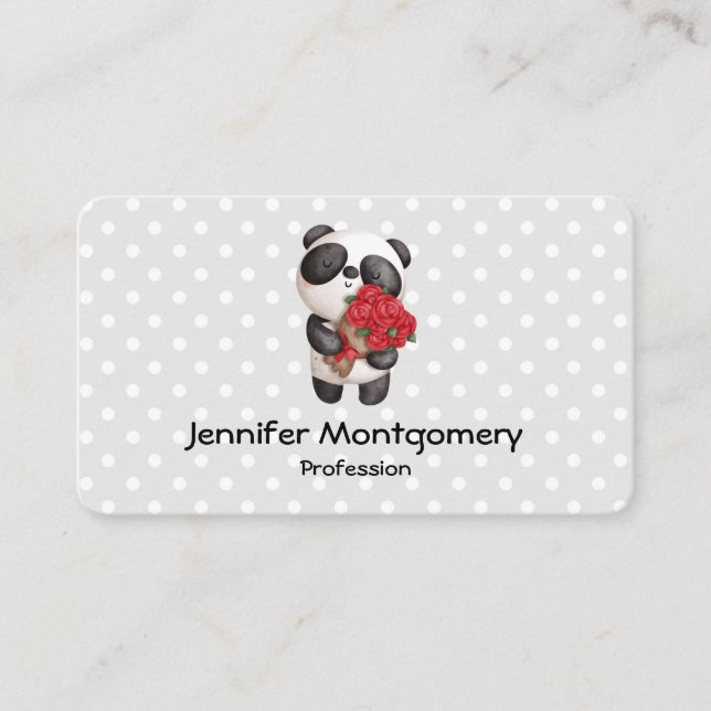 Cute Panda Bear with Rose Bouquet Business Card (Front)