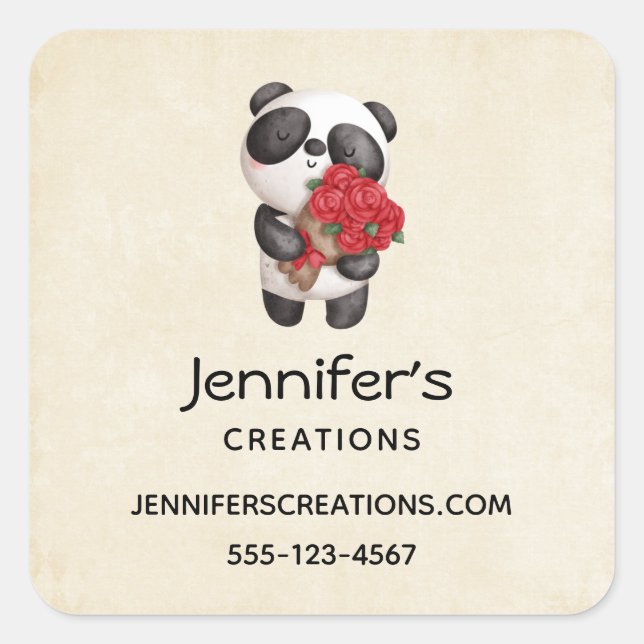 Cute Panda Bear with Rose Bouquet Business Square Sticker (Front)