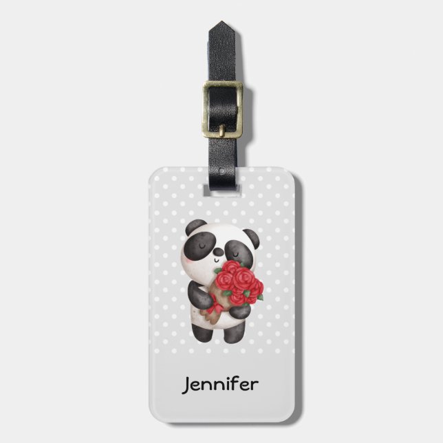 Cute Panda Bear with Rose Bouquet Luggage Tag (Front Vertical)