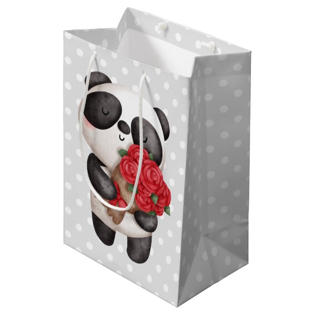 Cute Panda Bear with Rose Bouquet Medium Gift Bag (Front Angled)
