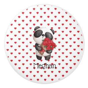 Cute Panda Bear With Rose Bouquet  Monogrammed  Ceramic Knob