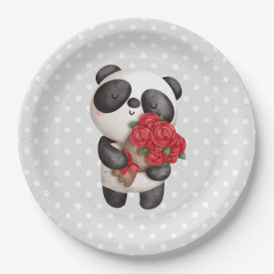 Cute Panda Bear with Rose Bouquet Paper Plate