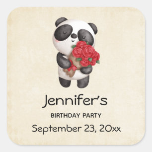 Cute Panda Bear with Rose Bouquet Save the Date Square Sticker