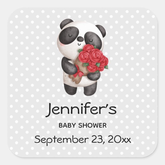 Cute Panda Bear with Rose Bouquet Save the Date Square Sticker (Front)