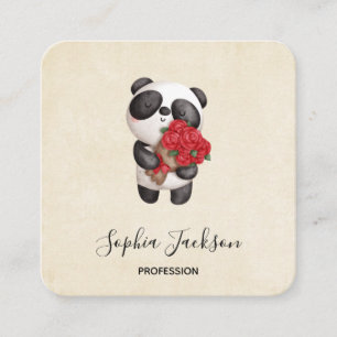 Cute Panda Bear with Rose Bouquet Square Business Card