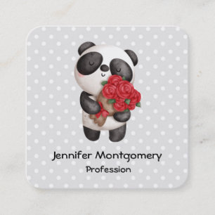 Cute Panda Bear with Rose Bouquet Square Business Card