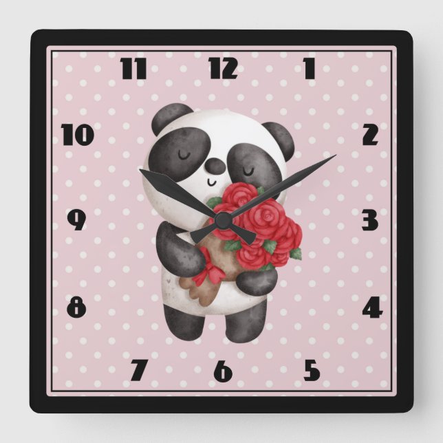 Cute Panda Bear with Rose Bouquet Square Wall Clock (Front)