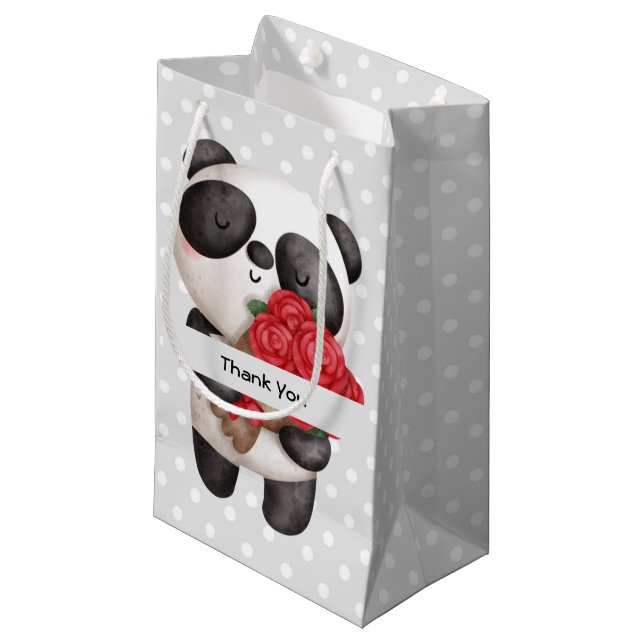 Cute Panda Bear with Rose Bouquet Thank You Small Gift Bag (Front Angled)