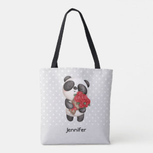 Cute Panda Bear with Rose Bouquet Tote Bag