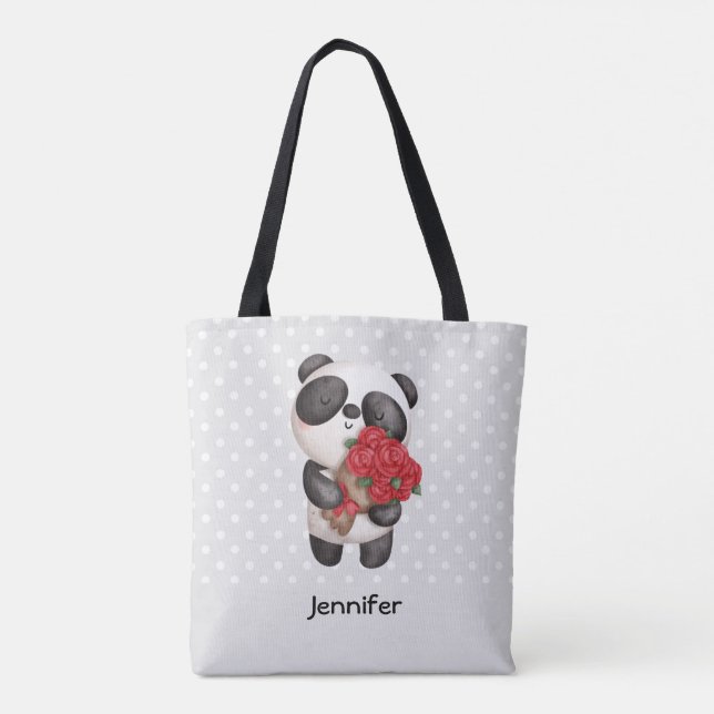Cute Panda Bear with Rose Bouquet Tote Bag (Back)