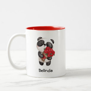 Cute Panda Bear with Rose Bouquet Two-Tone Coffee Mug