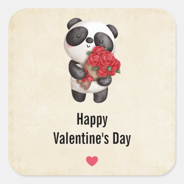 Cute Panda Bear with Rose Bouquet Valentine's Day Square Sticker (Front)