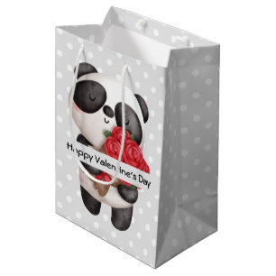 Cute Panda Bear with Rose Bouquet Valentine's Medium Gift Bag