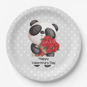 Cute Panda Bear with Rose Bouquet Valentine's Paper Plate