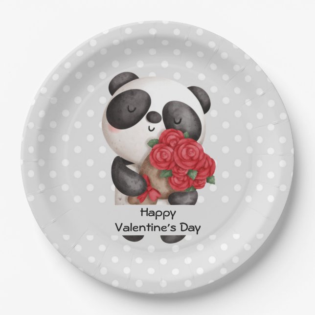 Cute Panda Bear with Rose Bouquet Valentine's Paper Plate (Front)