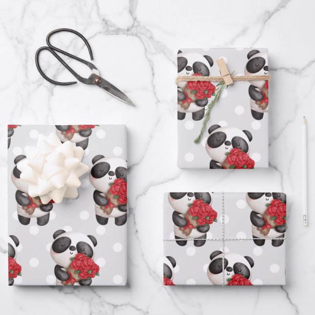 Cute Panda Bear with Rose Bouquet Wrapping Paper Sheet (Front)