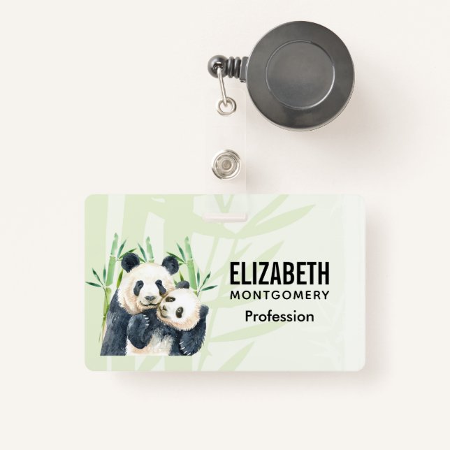 Cute Panda Bears Cuddling Watercolor ID Badge (Front with Retractable)